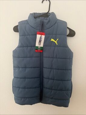 Puma Kids Puffer Vest in Slate Blue with Neon Yellow Logo